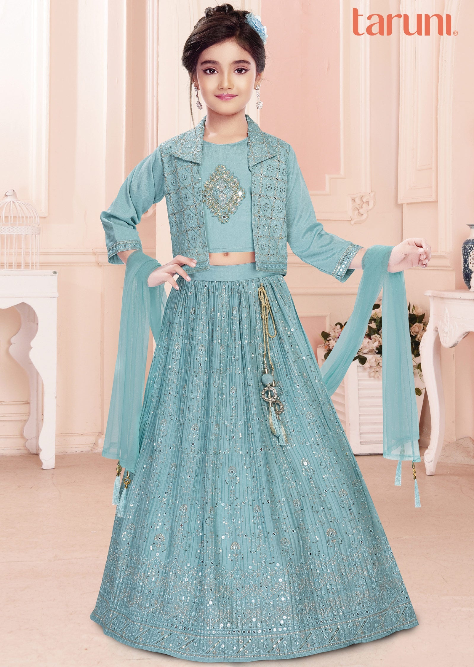 Dusty Green Chinnon Lehenga with Jacket for Kids