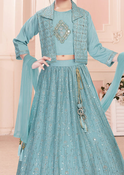 Dusty Green Chinnon Lehenga with Jacket for Kids