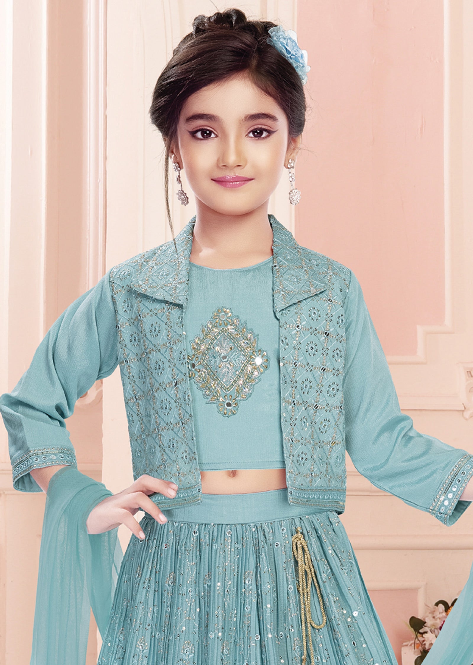 Dusty Green Chinnon Lehenga with Jacket for Kids