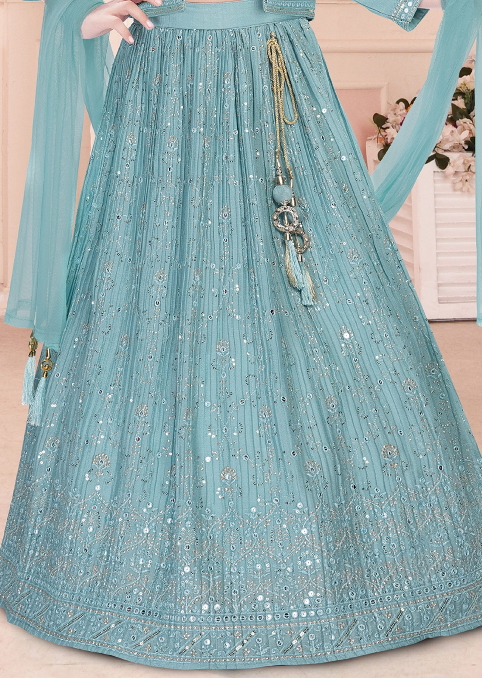 Dusty Green Chinnon Lehenga with Jacket for Kids