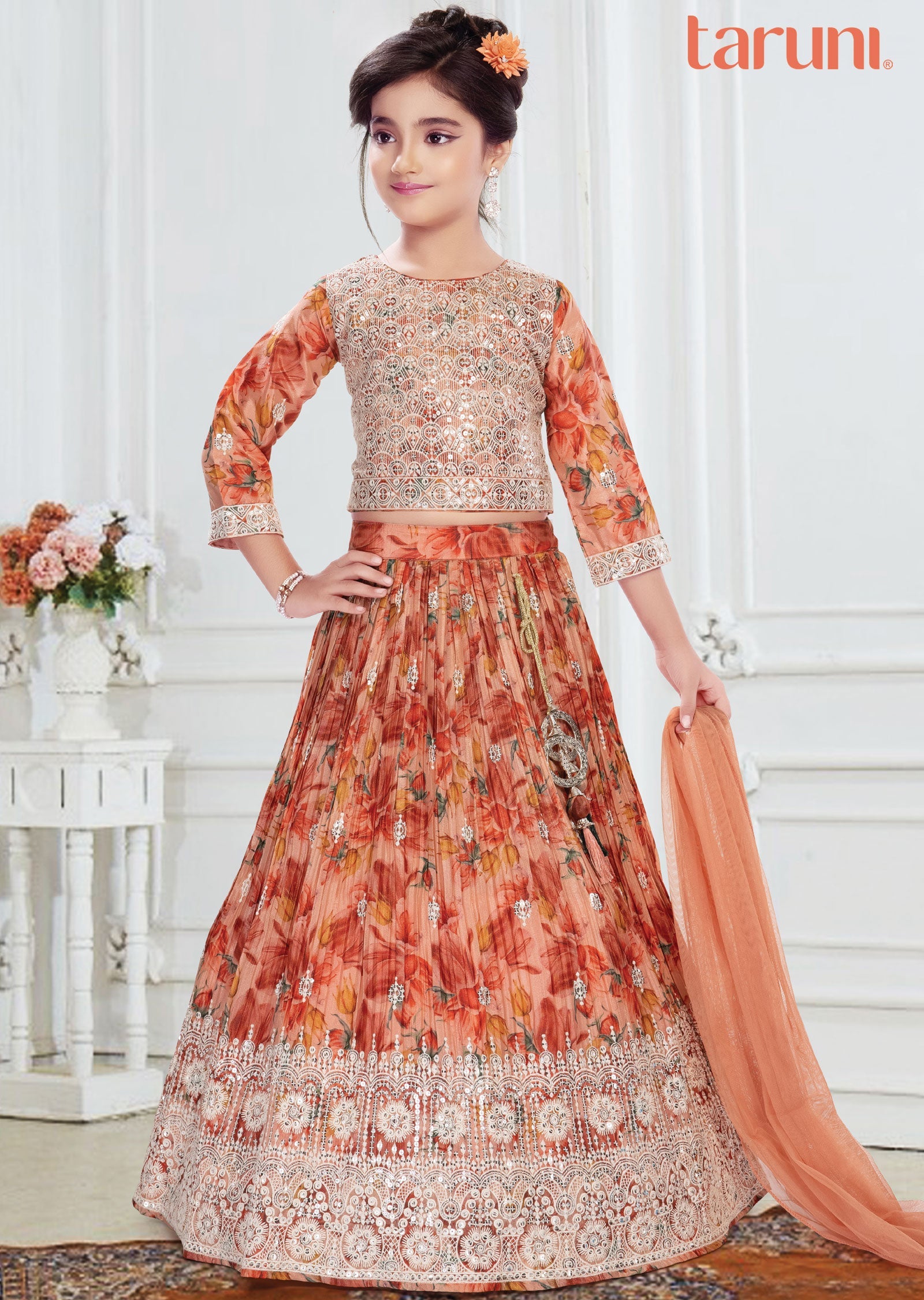 Light Orange Floral Chinnon Lehenga for Kids