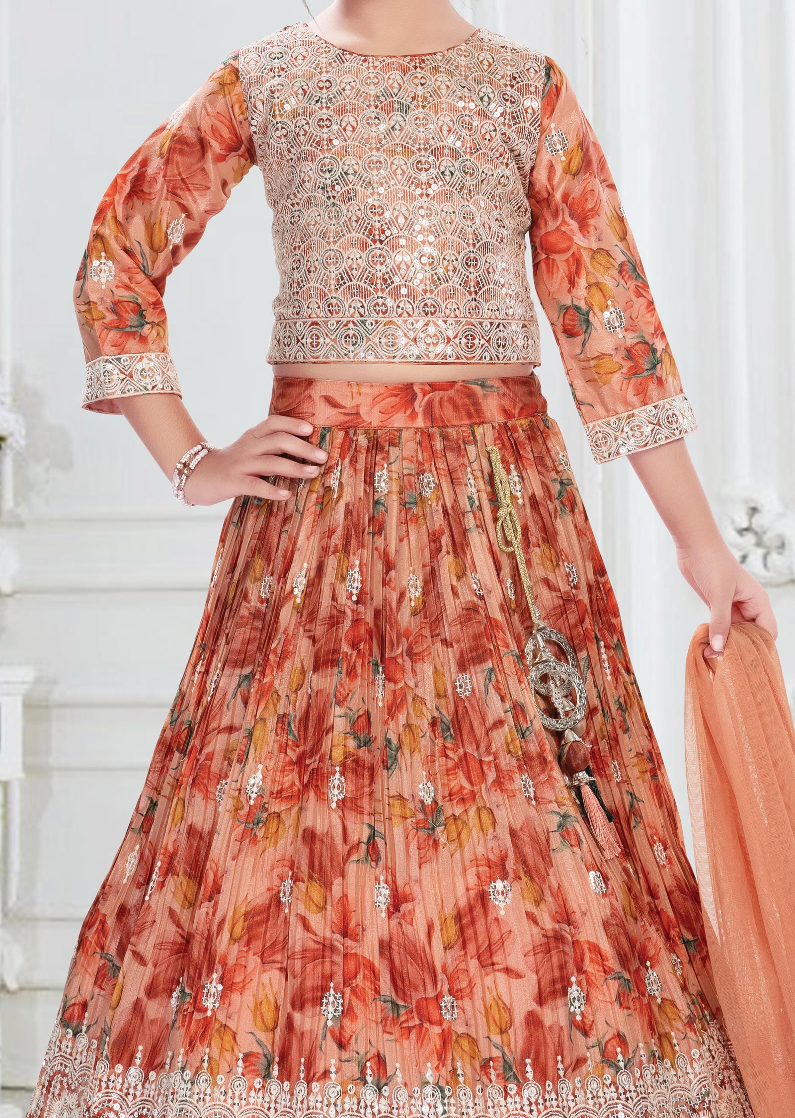 Light Orange Floral Chinnon Lehenga for Kids