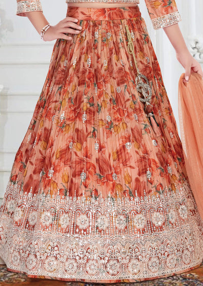 Light Orange Floral Chinnon Lehenga for Kids