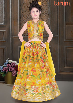 Yellow Organza Floral Printed Lehenga for Kids