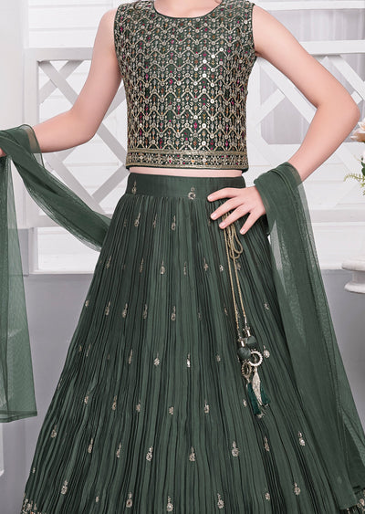 Dark Green and Gold Chiffon Silk Lehenga for Kids