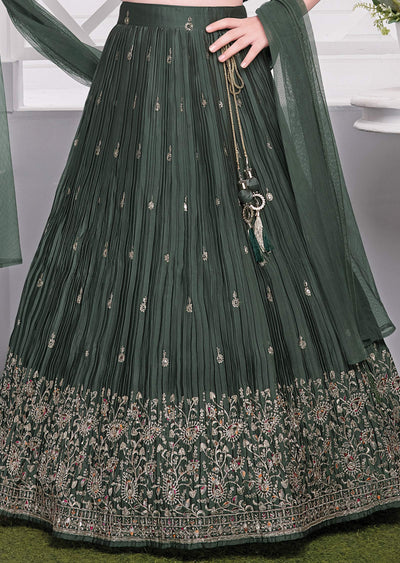 Dark Green and Gold Chiffon Silk Lehenga for Kids