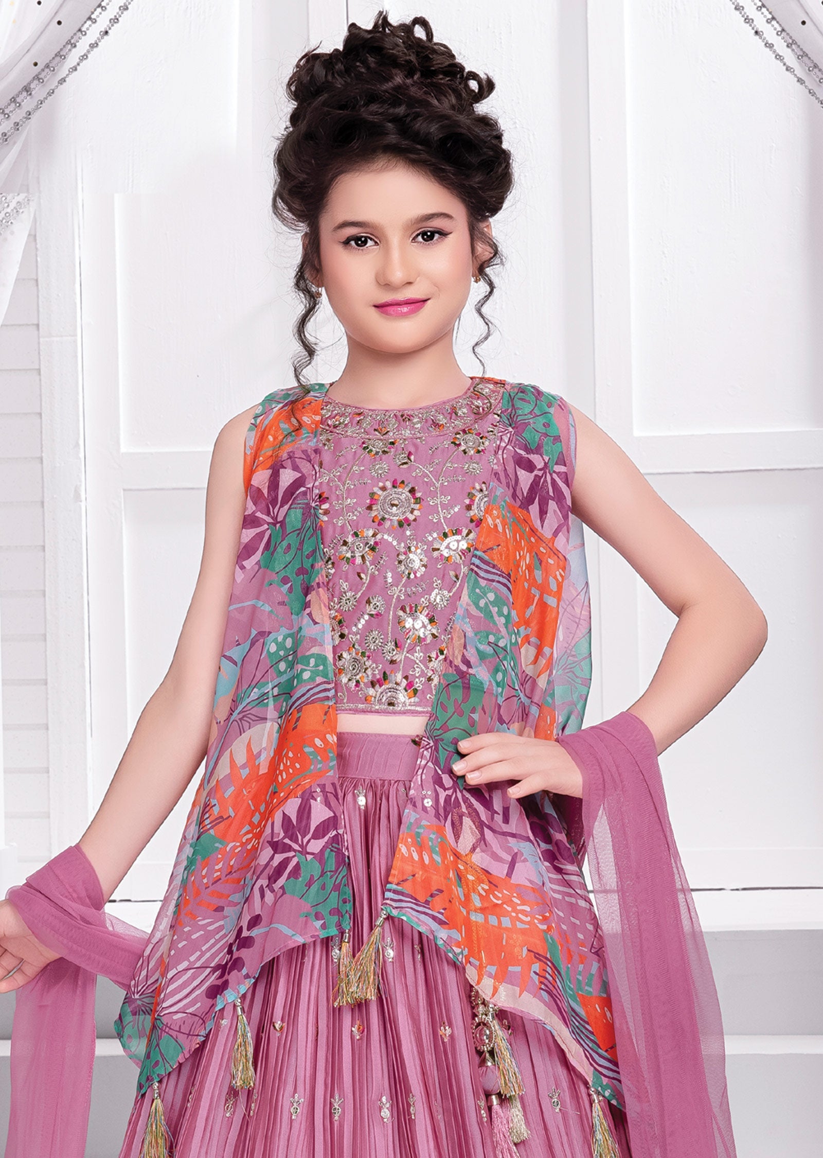 Pink Chiffon Silk Lehenga for Kids with Organza Jacket