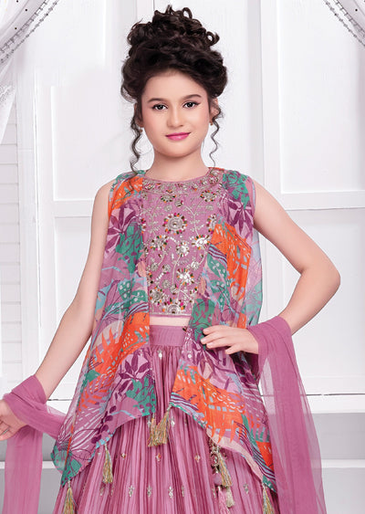 Pink Chiffon Silk Lehenga for Kids with Organza Jacket