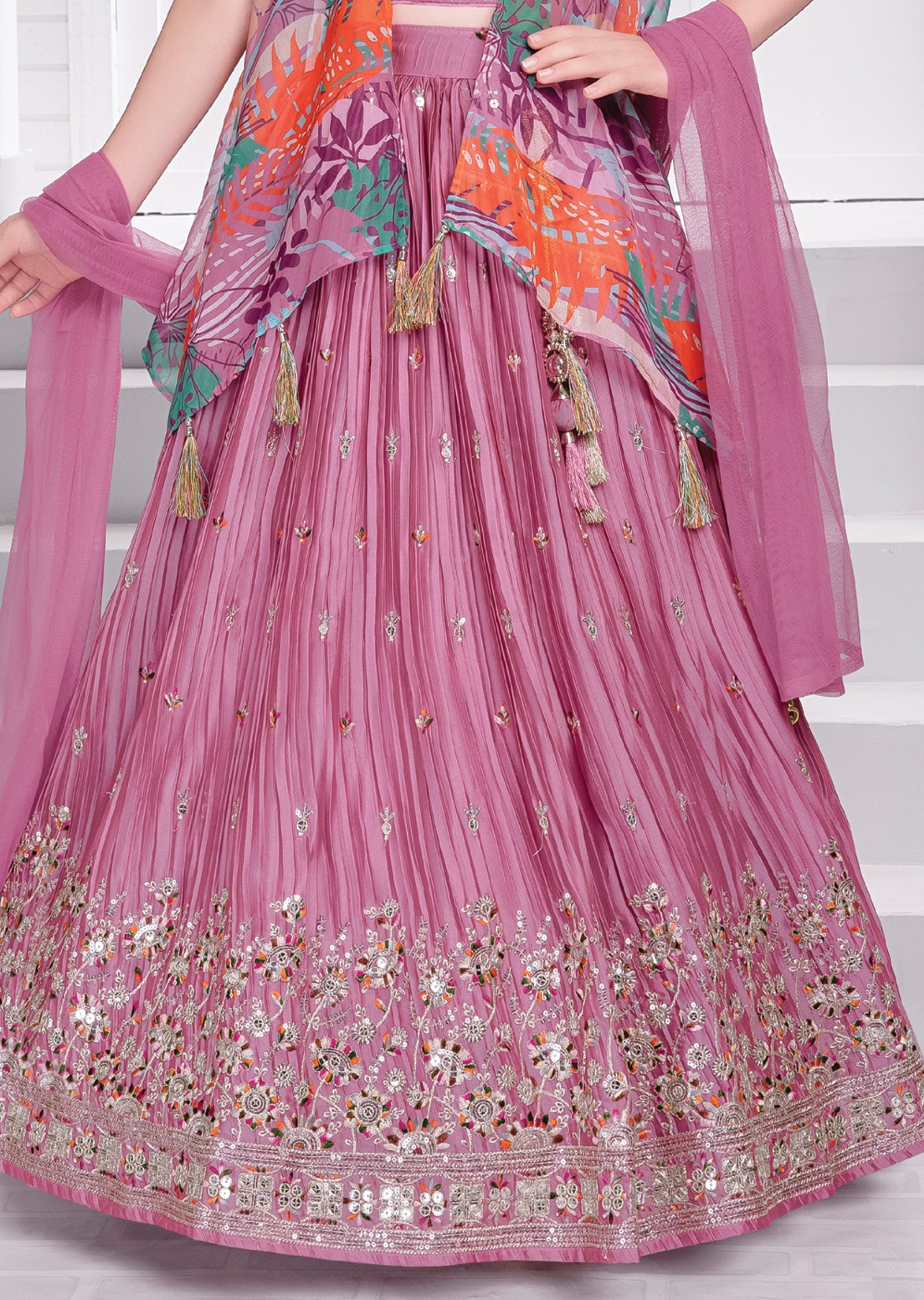 Pink Chiffon Silk Lehenga for Kids with Organza Jacket