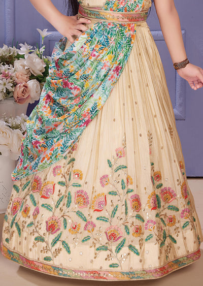 Beige Tissue Silk Kids Lehengas