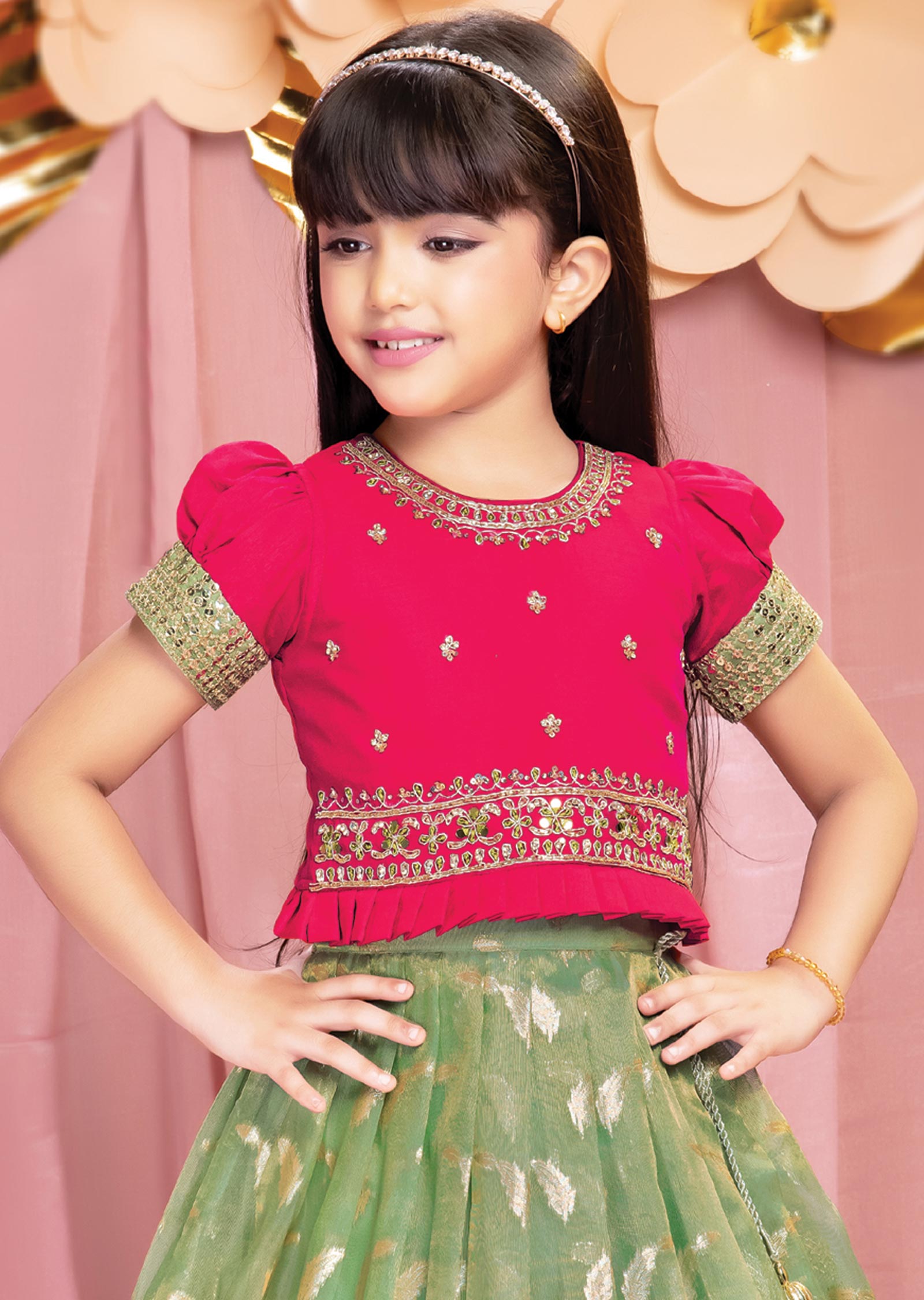 Rani Pink & Green Silk Kids Lehengas