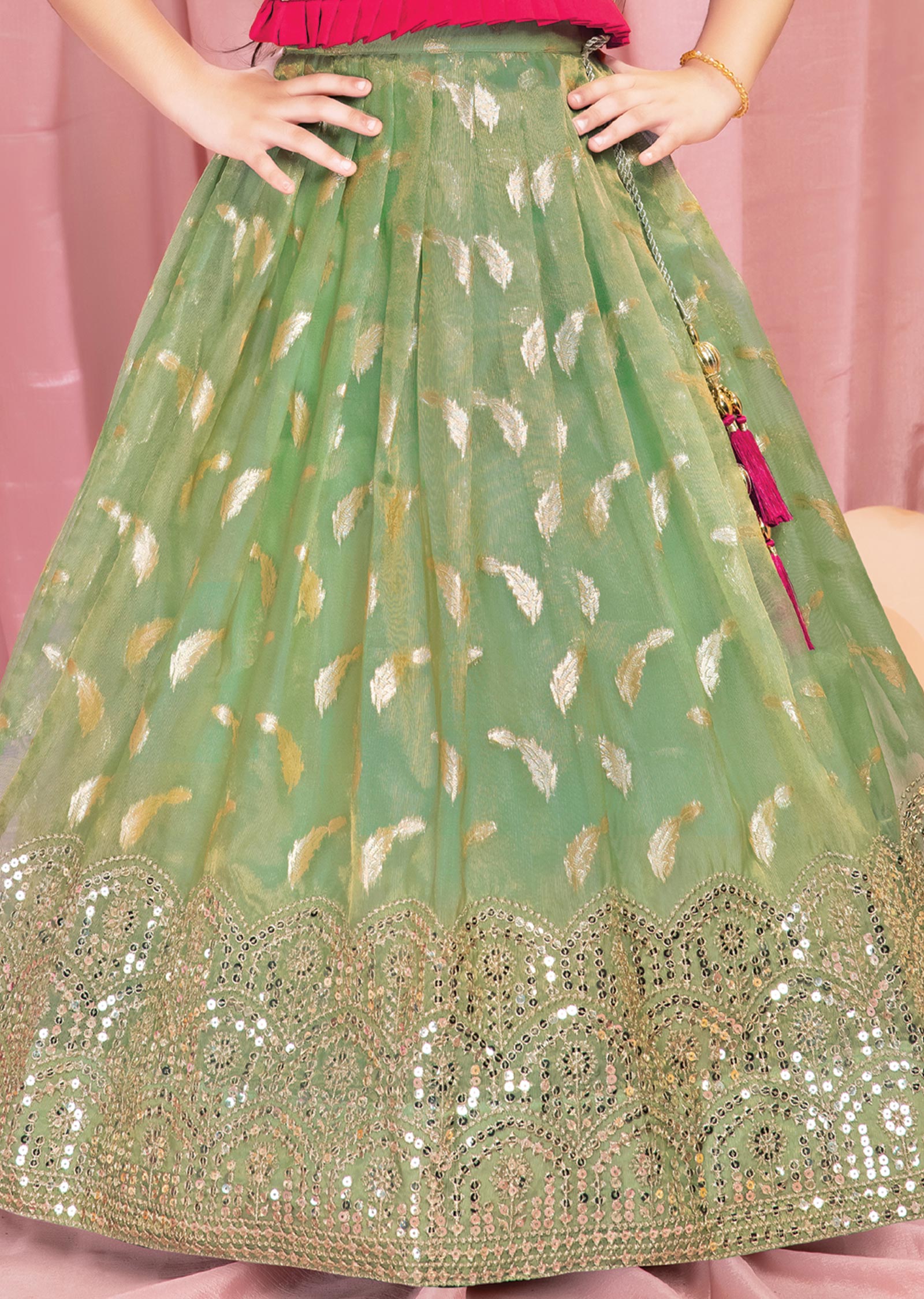 Rani Pink & Green Silk Kids Lehengas