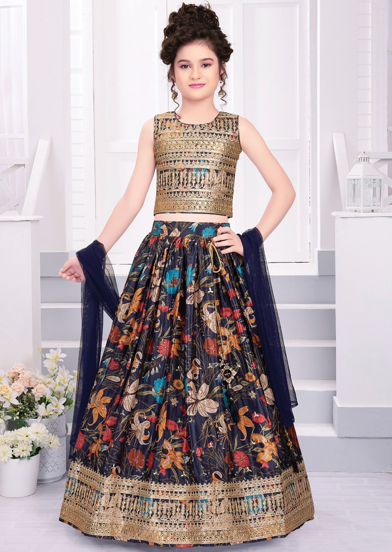 Navy Blue Chinnon Kids Lehengas