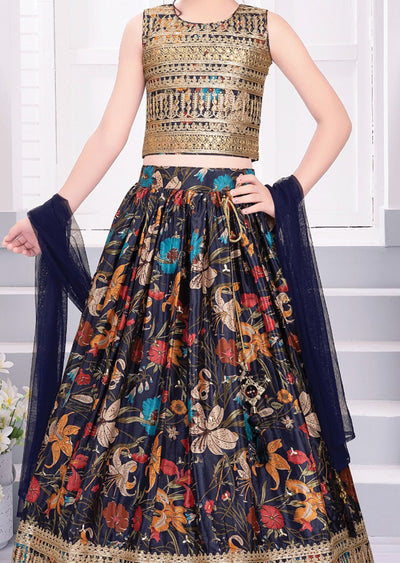 Navy Blue Chinnon Kids Lehengas