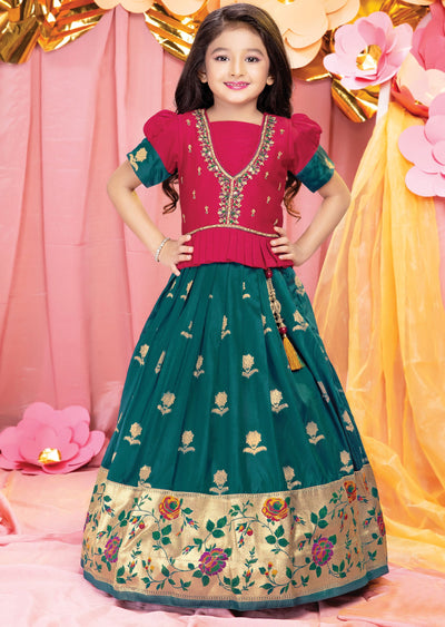 Red & Rama Blue Silk Kids Lehengas