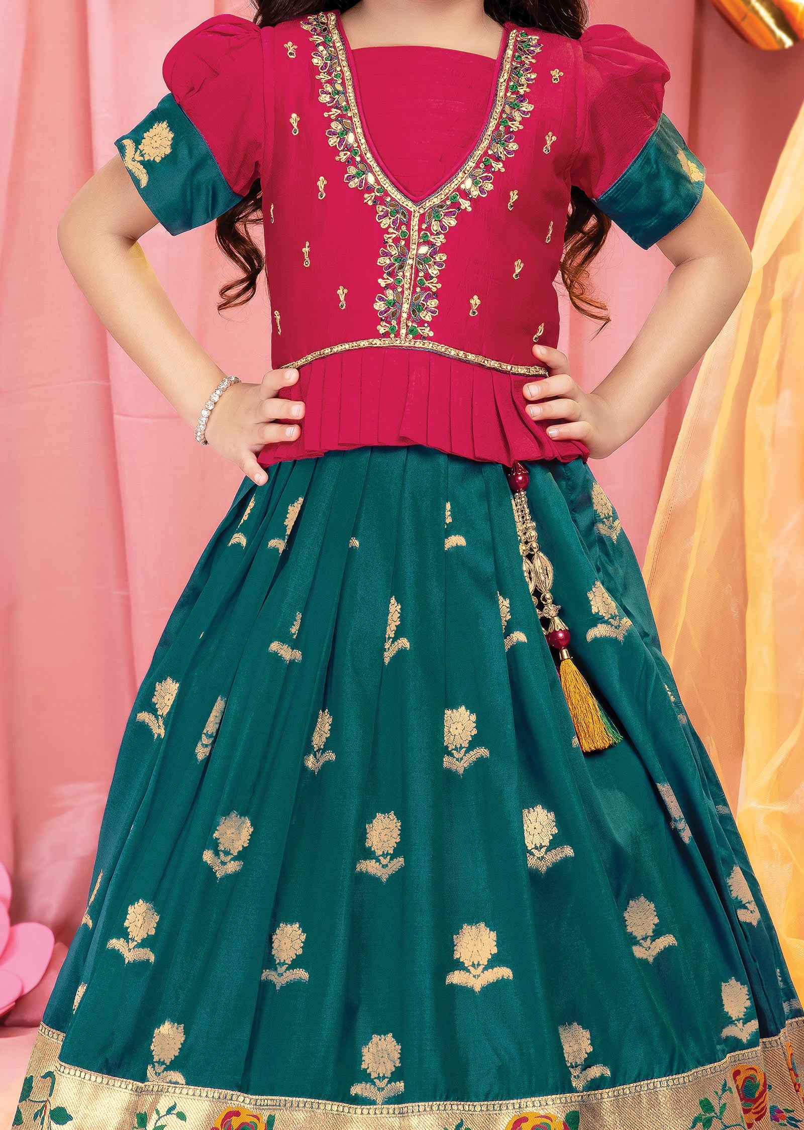 Red & Rama Blue Silk Kids Lehengas