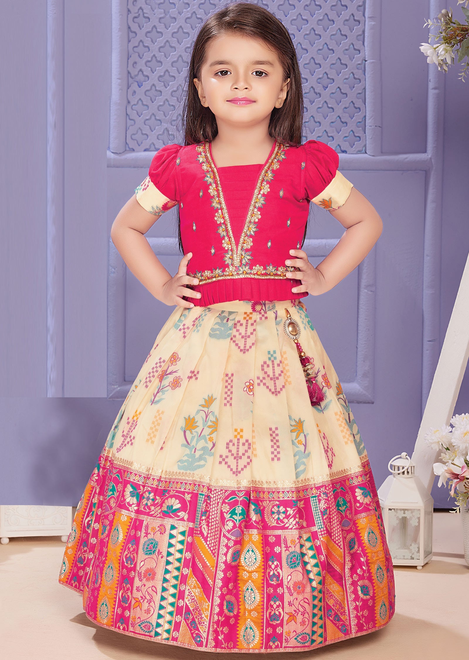 Rani Pink & Cream Silk Kids Lehengas