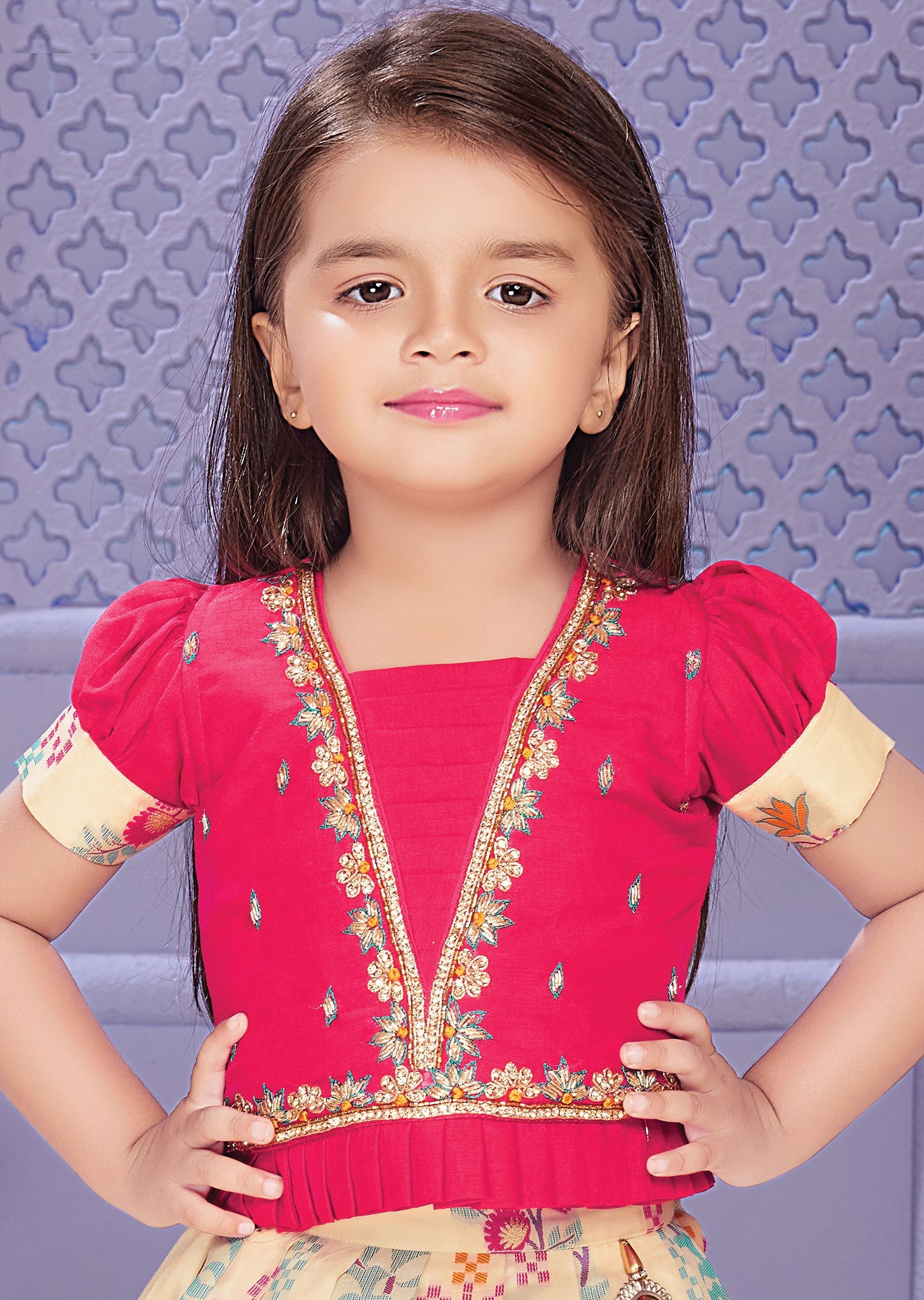 Rani Pink & Cream Silk Kids Lehengas