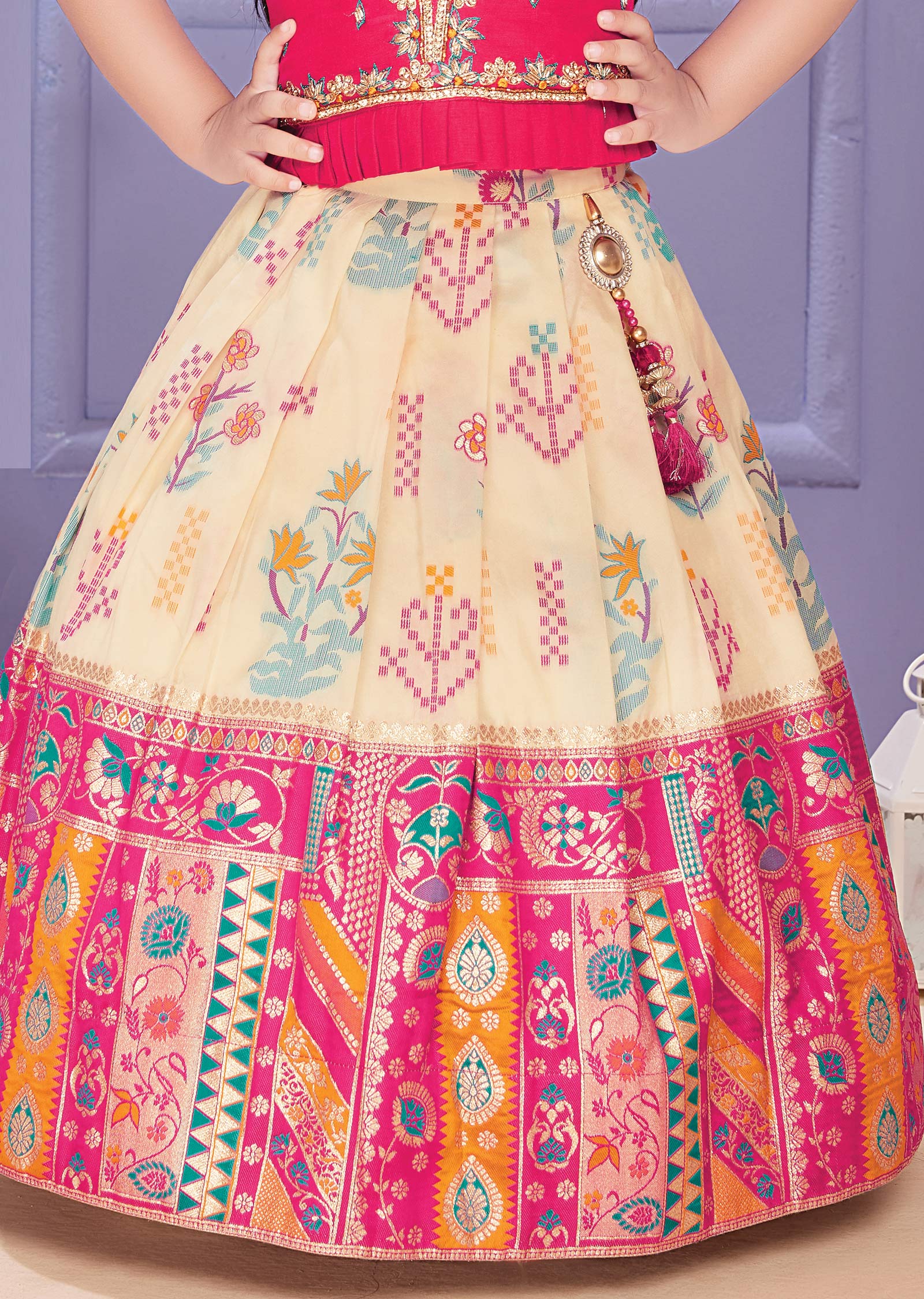 Rani Pink & Cream Silk Kids Lehengas