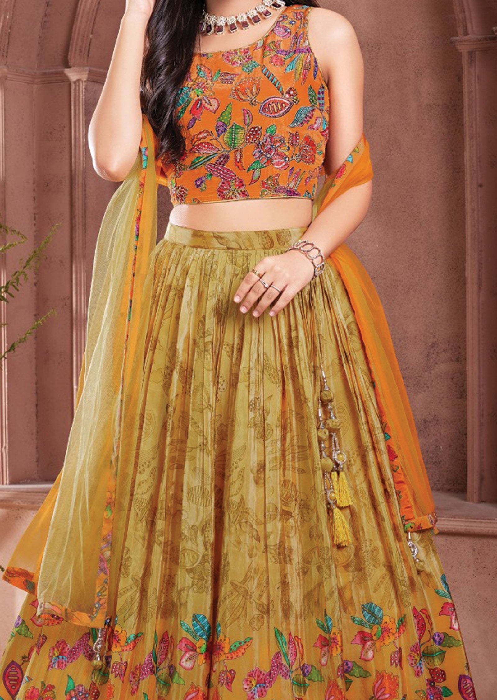 Mustard Tissue Silk Kids Lehenga