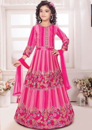 Pink Chinnon Kids Lehenga