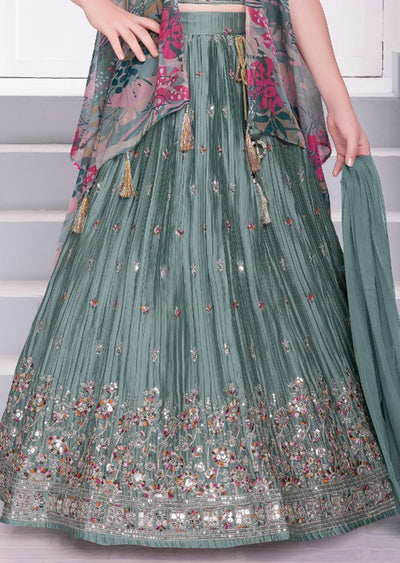 Dusty Green Chiffon Silk Kids Lehenga