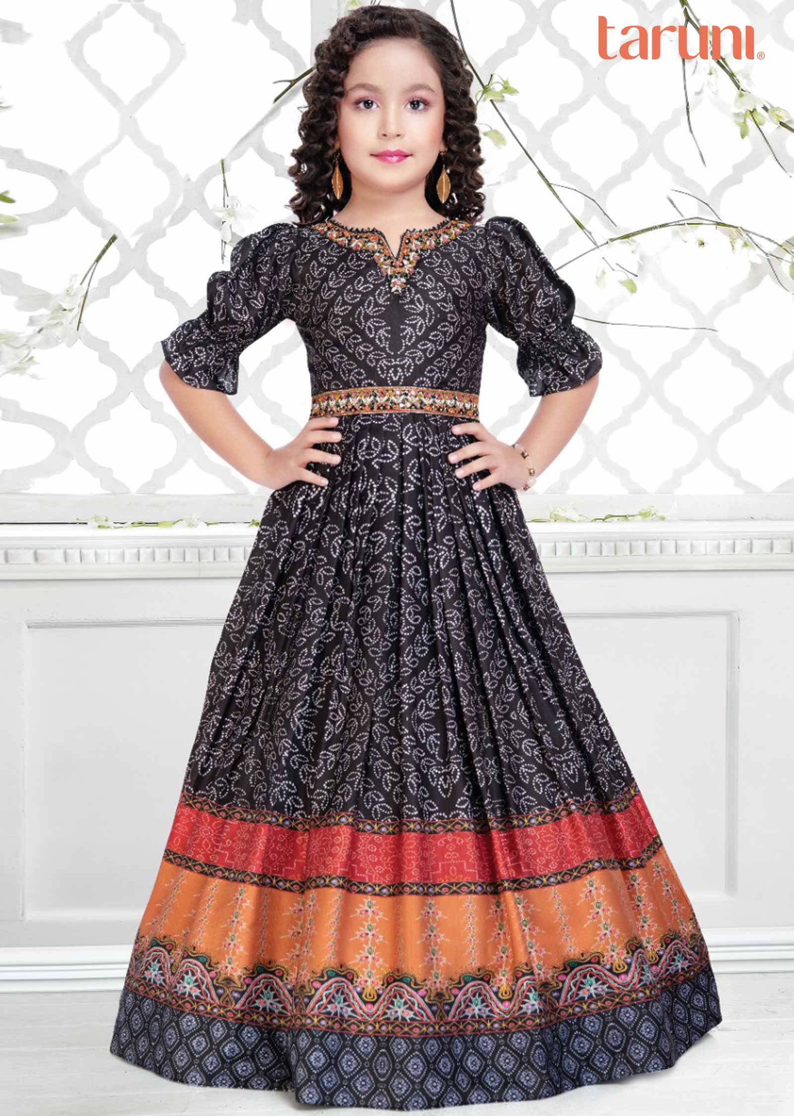 Dark Brown Silk Printed Kids Gown