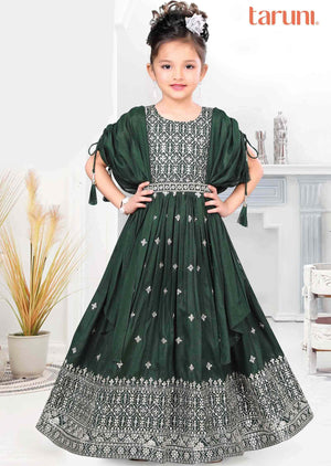 Dark Green Tissue Silk Zardosi & Embroidered Kids Gown