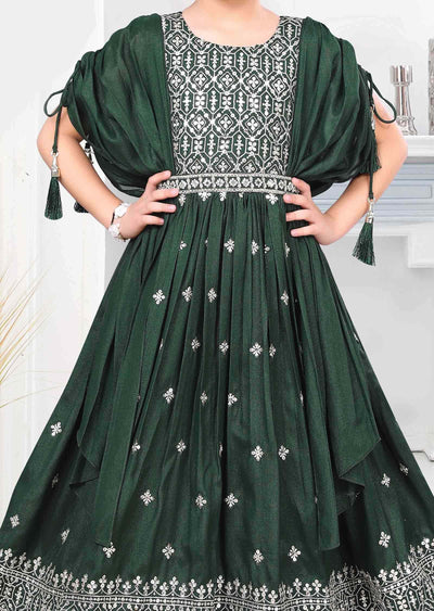 Dark Green Tissue Silk Zardosi & Embroidered Kids Gown