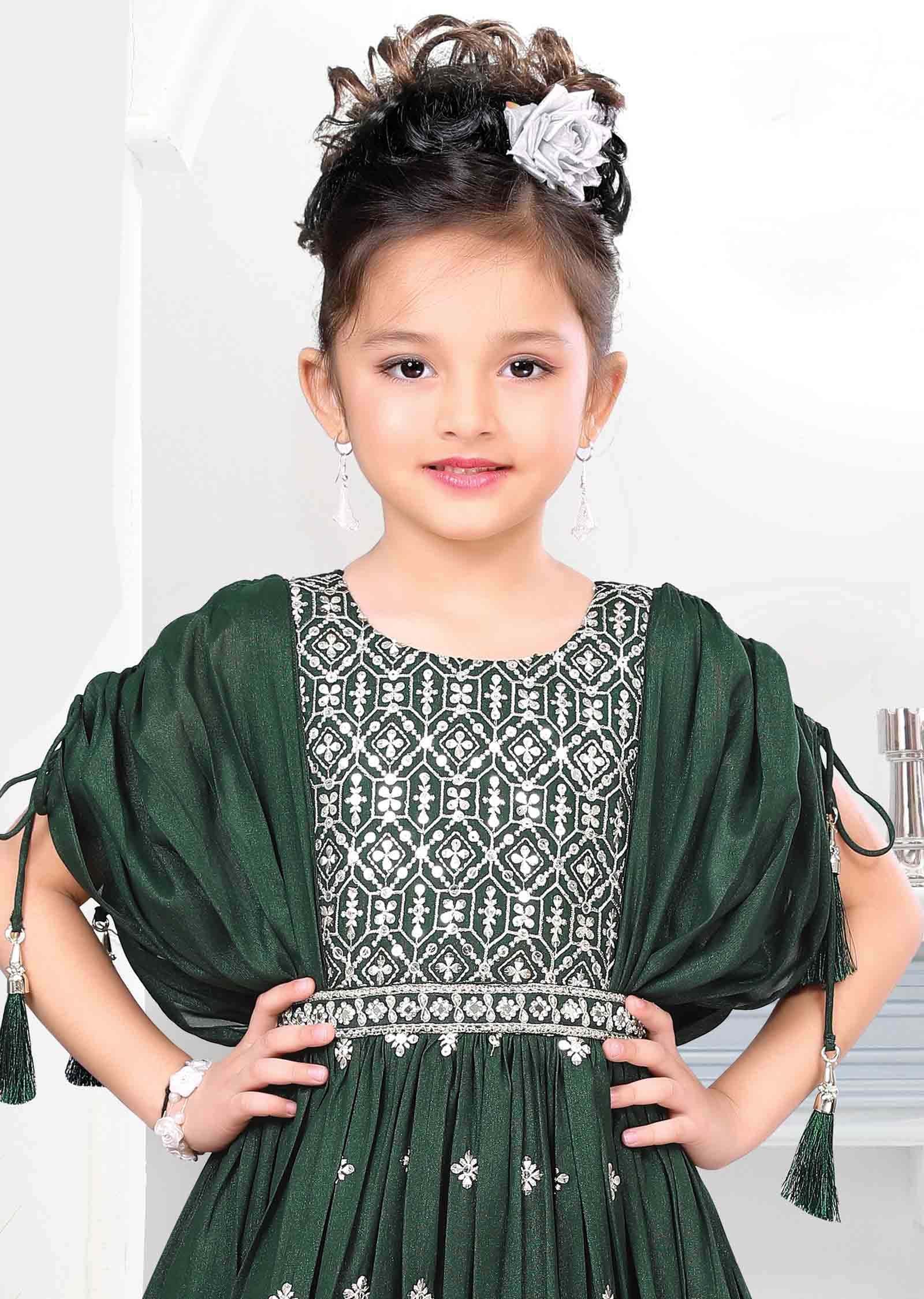 Dark Green Tissue Silk Zardosi & Embroidered Kids Gown