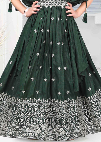 Dark Green Tissue Silk Zardosi & Embroidered Kids Gown