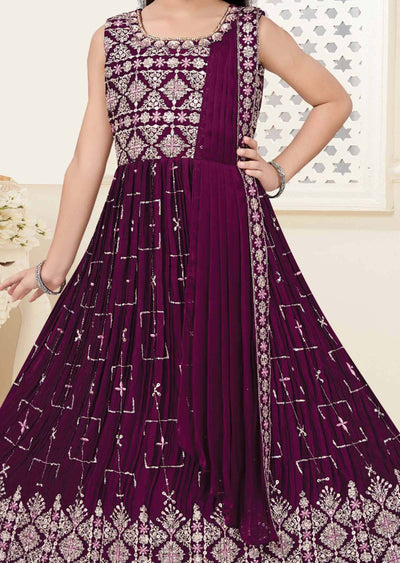 Dark Magenta Georgette Gota Work Kids Gown