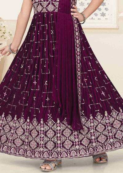 Dark Magenta Georgette Gota Work Kids Gown