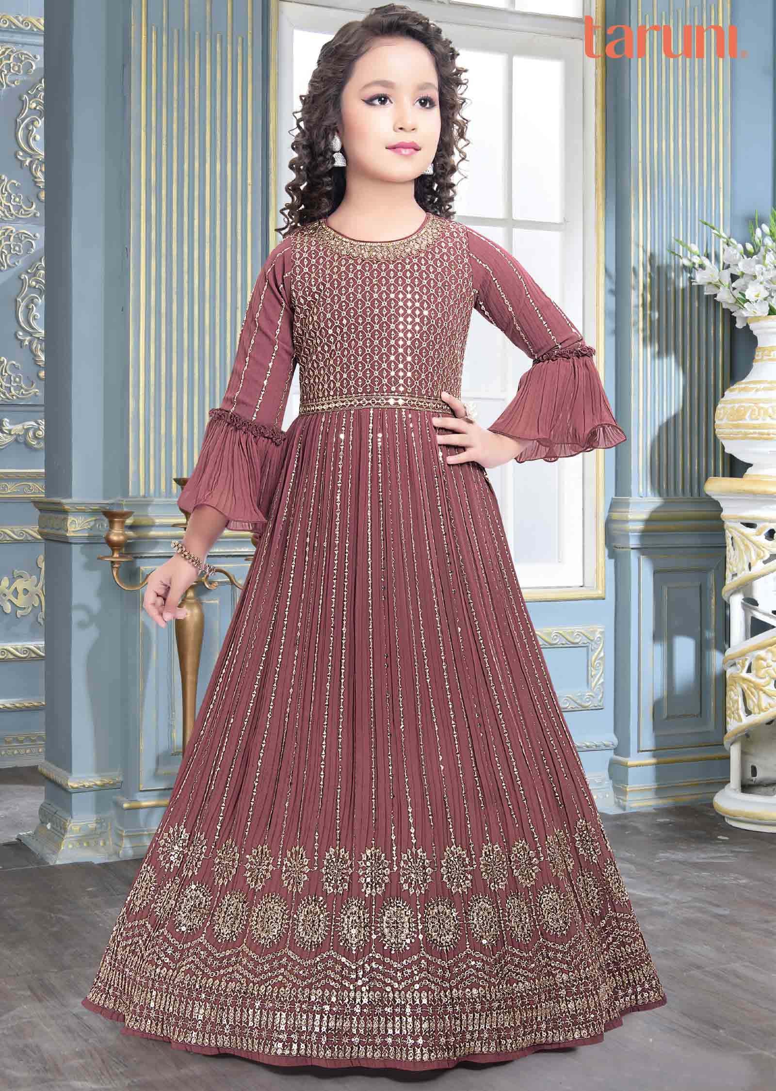 Mouve Pink Georgette Embroidered Kids Gown