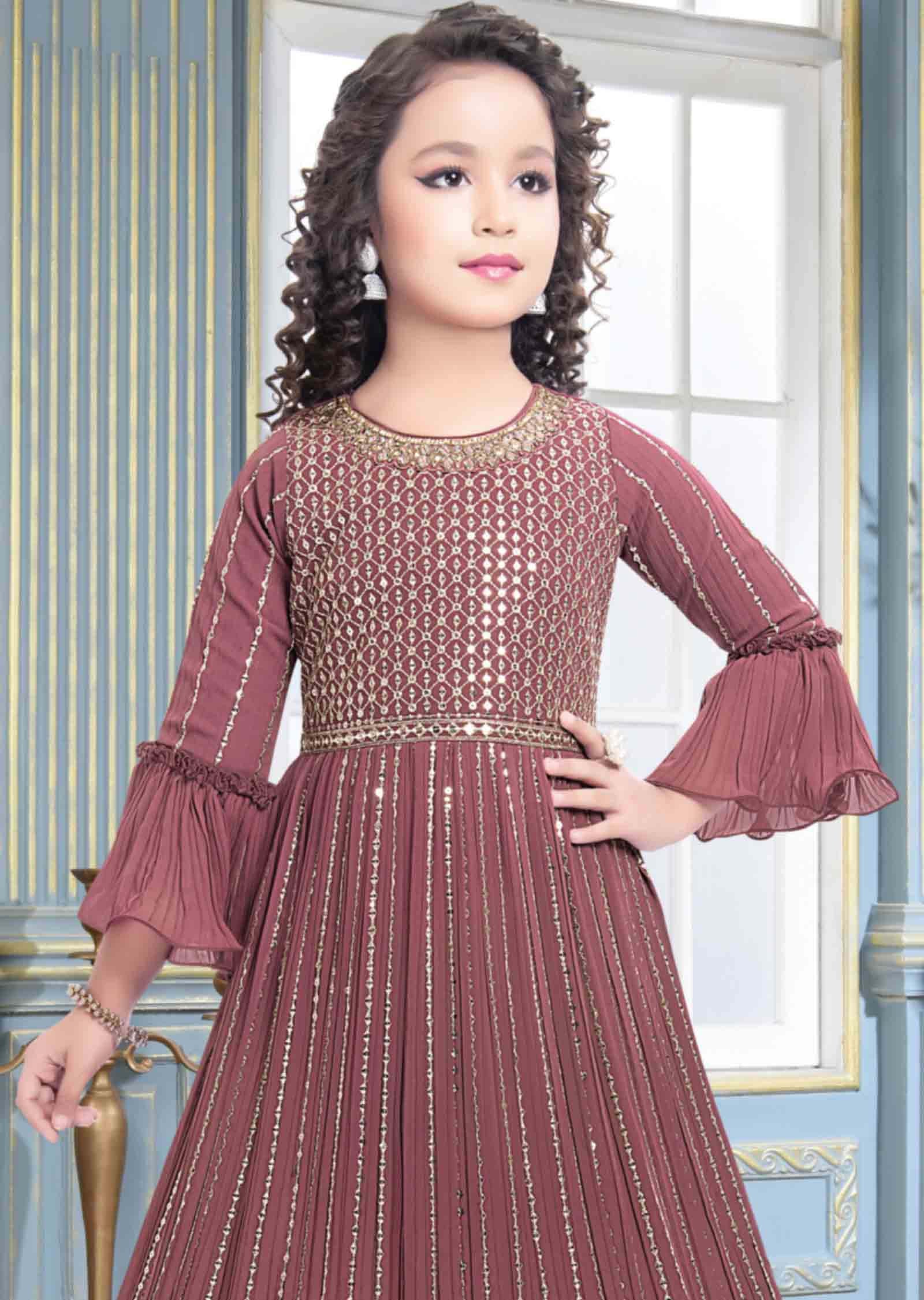 Mouve Pink Georgette Embroidered Kids Gown