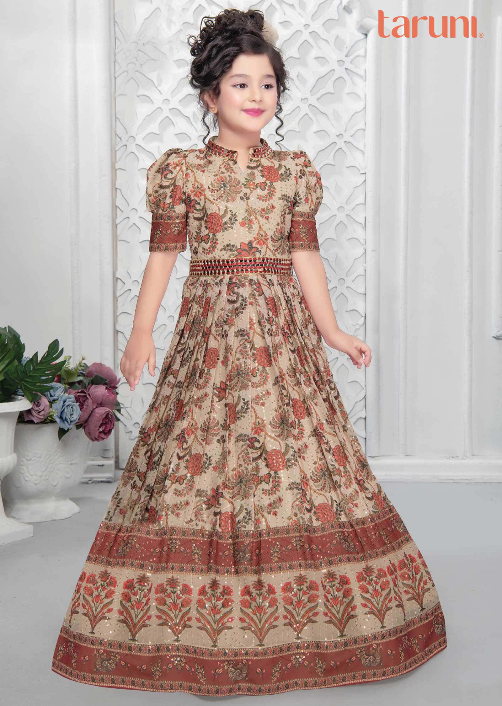 Beige Sequence Georgette Embroidered Kids Gown