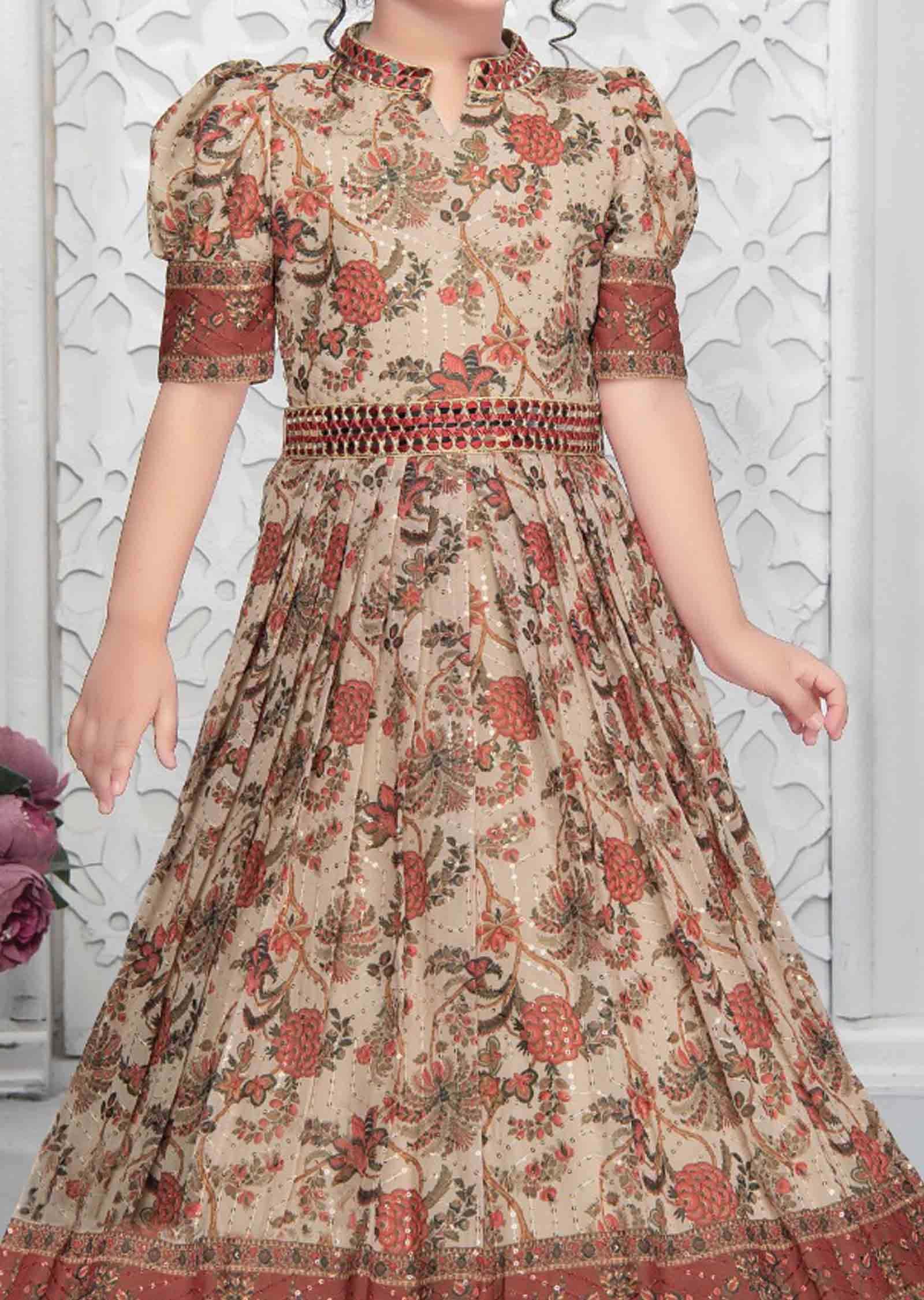 Beige Sequence Georgette Embroidered Kids Gown