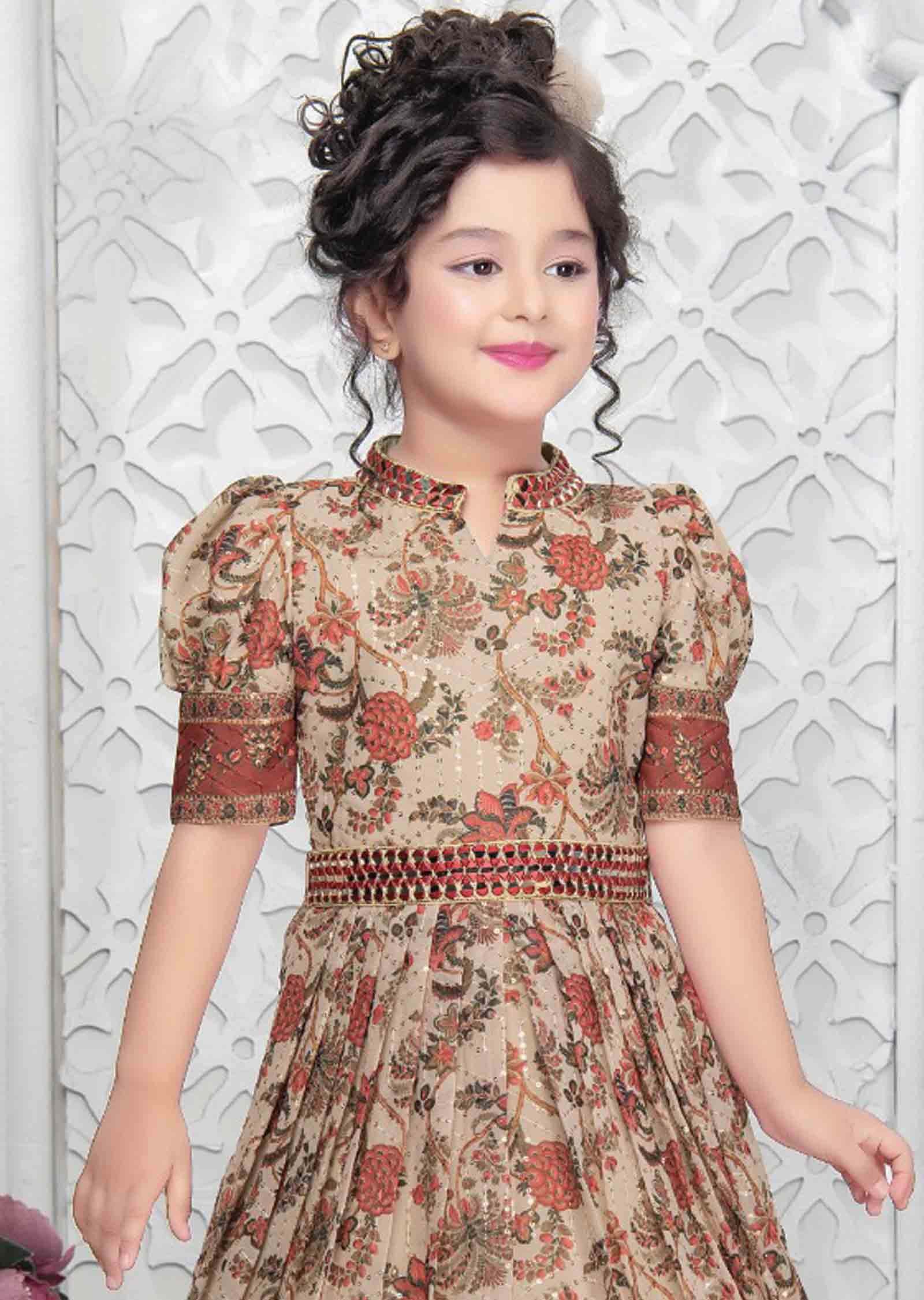 Beige Sequence Georgette Kids Gown