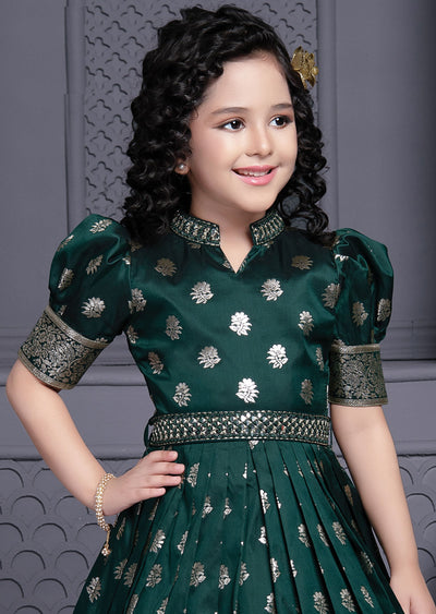 Green Banaras Silk Kids Gown