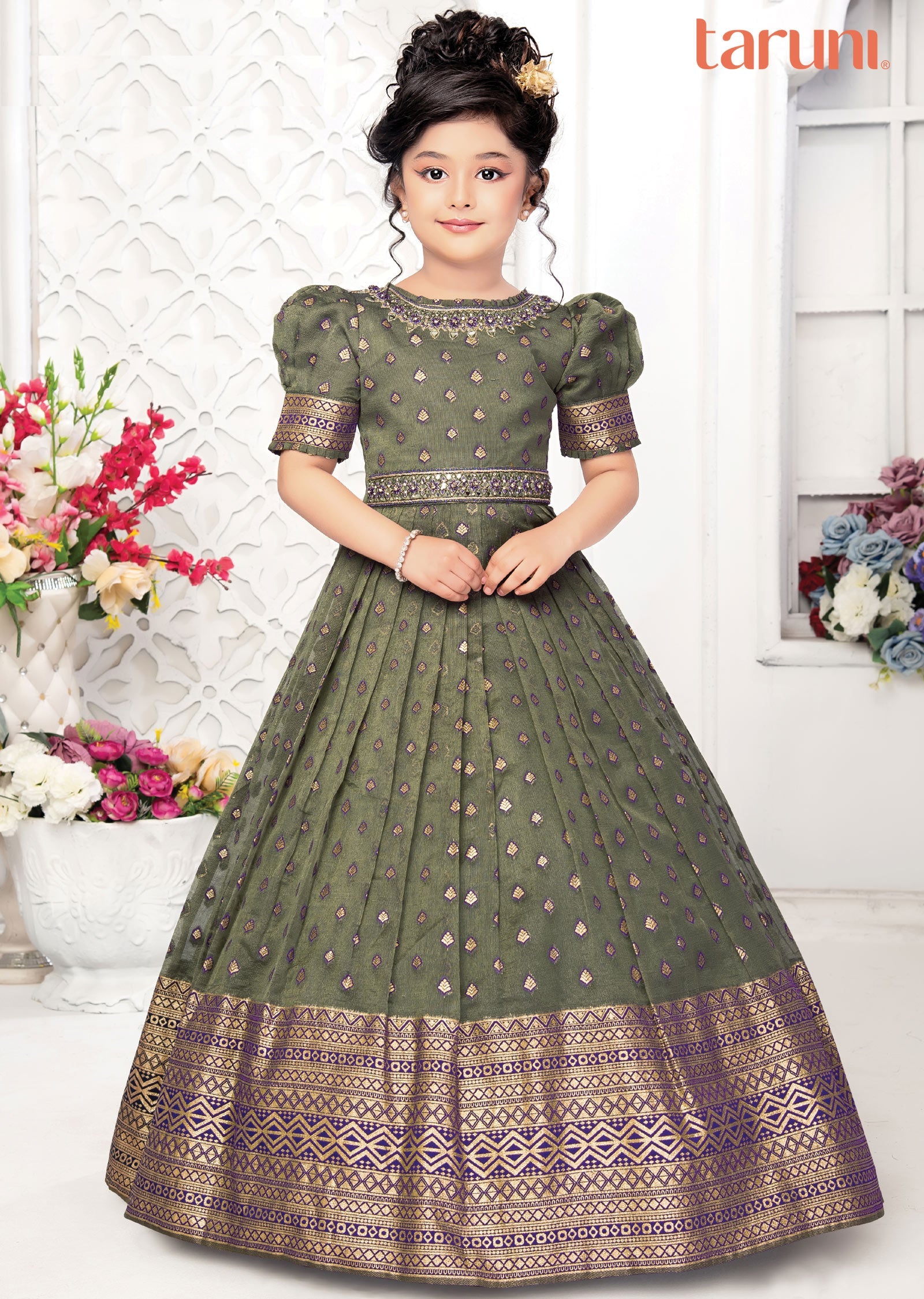 Mehndi Green Banaras Tissue Kids Gown