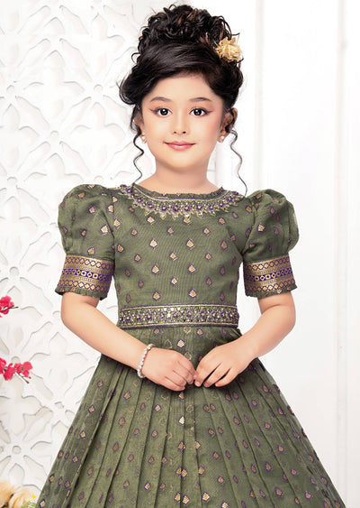 Mehndi Green Banaras Tissue Kids Gown