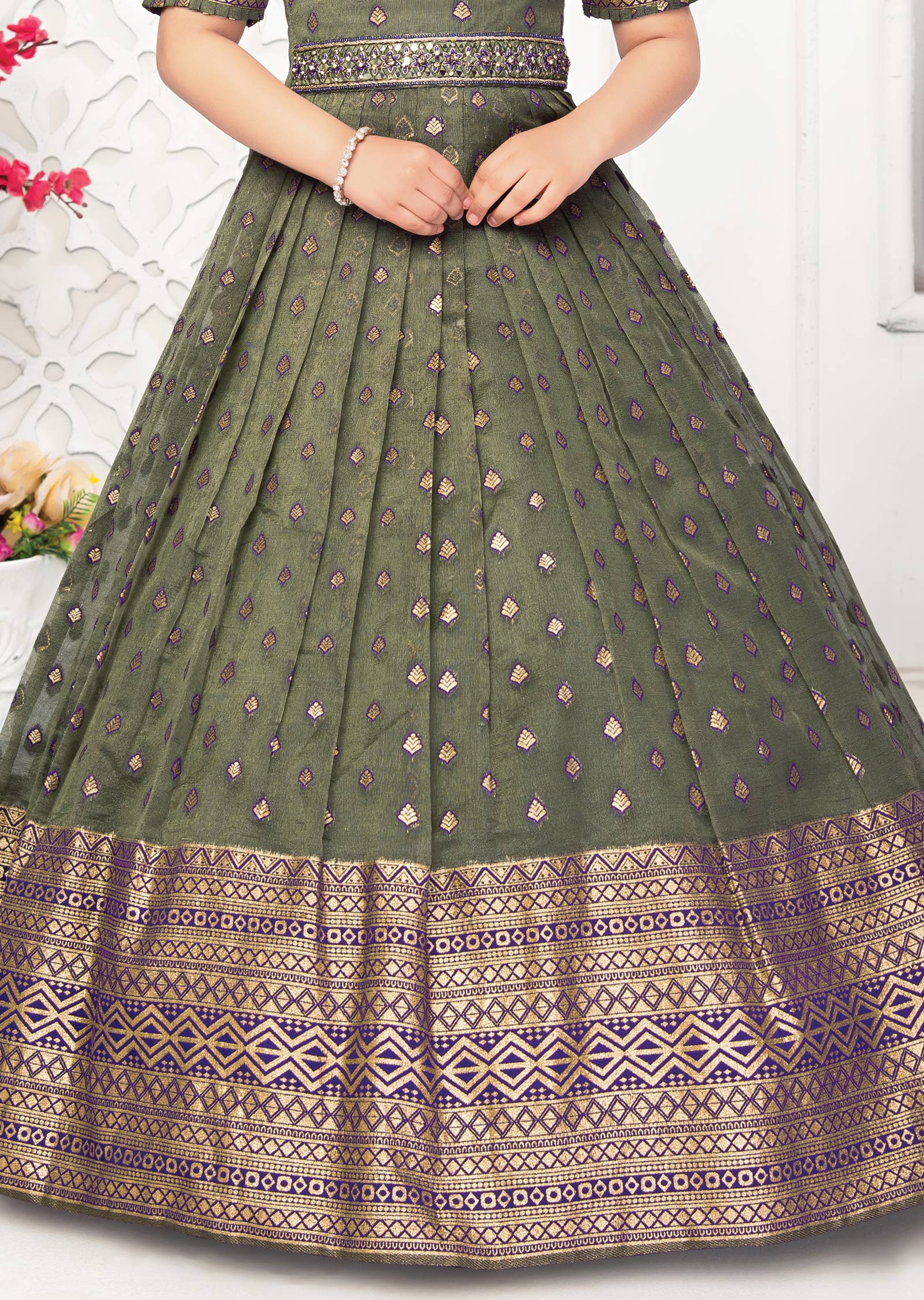 Mehndi Green Banaras Tissue Kids Gown