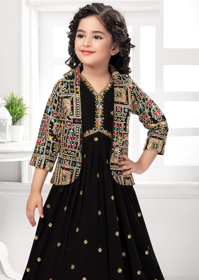 Black Georgette Kids Alia Cut Gown