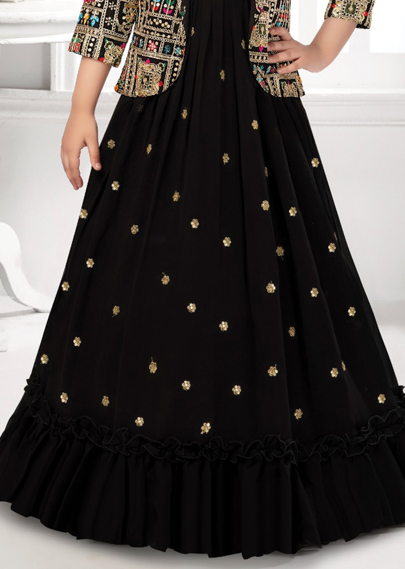 Black Georgette Kids Alia Cut Gown