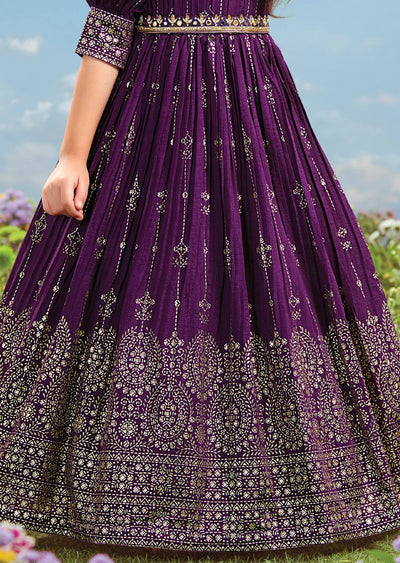 Purple Silk and Zardosi Gown for Kids