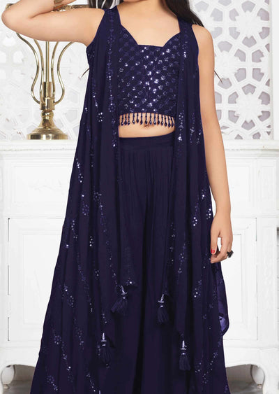 Navy Blue Georgette Sequins Kids Sharara