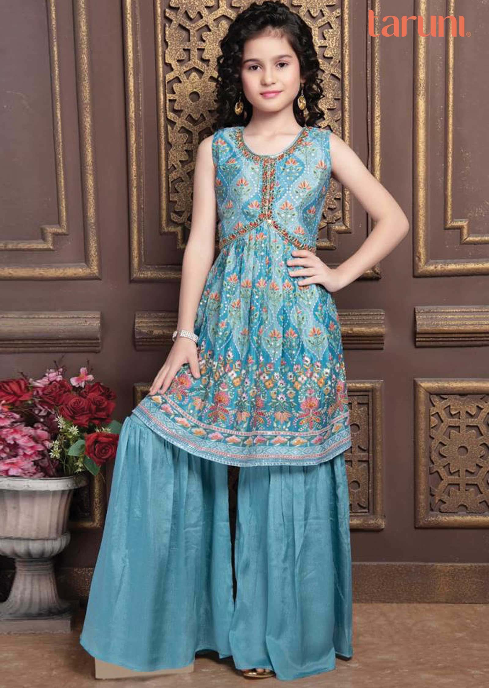 Blue Chinnon Aliacut Kids Gharara