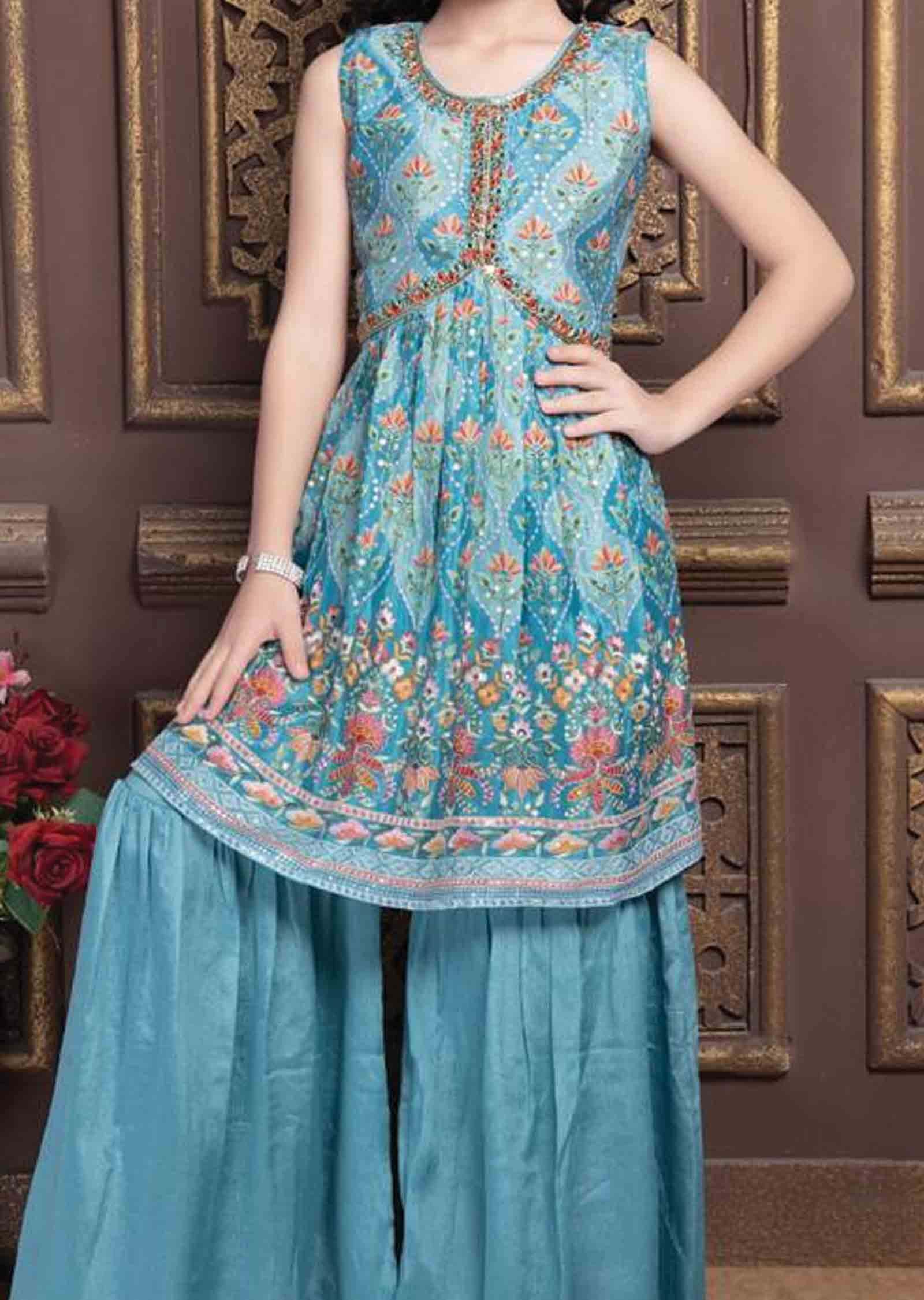 Blue Chinnon Aliacut Kids Gharara