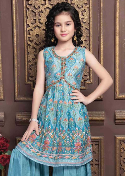 Dusty Blue Chinnon Zardosi & Embroidered Aliacut Kids Gharara