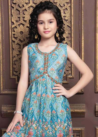 Dusty Blue Chinnon Zardosi & Embroidered Aliacut Kids Gharara